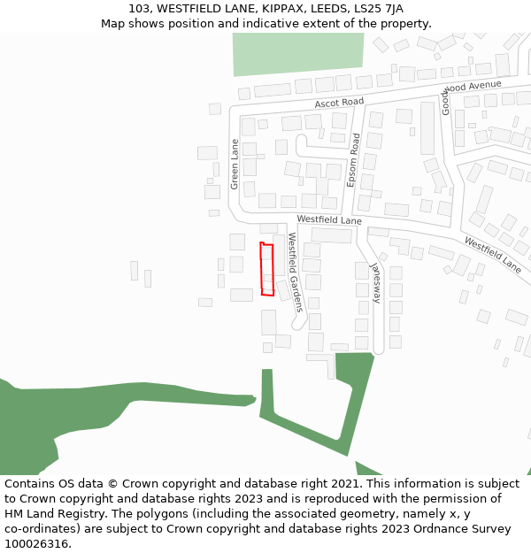 103, WESTFIELD LANE, KIPPAX, LEEDS, LS25 7JA: Location map and indicative extent of plot