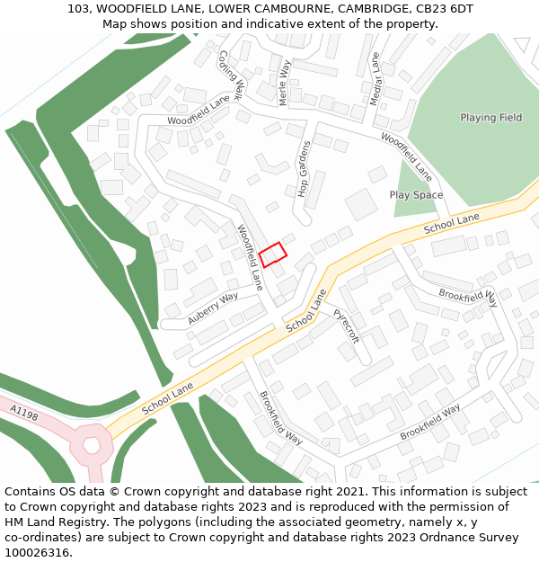 103, WOODFIELD LANE, LOWER CAMBOURNE, CAMBRIDGE, CB23 6DT: Location map and indicative extent of plot