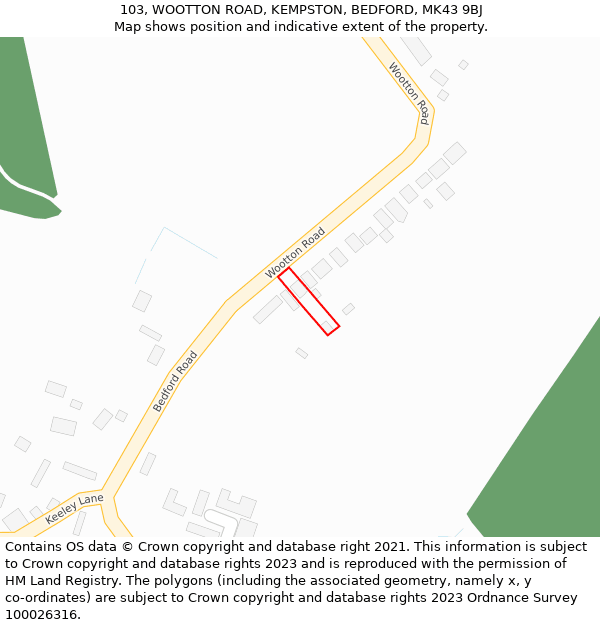 103, WOOTTON ROAD, KEMPSTON, BEDFORD, MK43 9BJ: Location map and indicative extent of plot