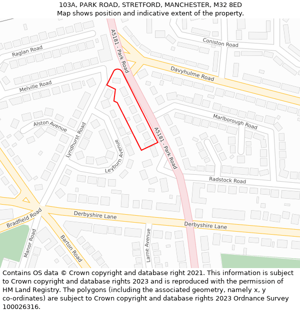 103A, PARK ROAD, STRETFORD, MANCHESTER, M32 8ED: Location map and indicative extent of plot