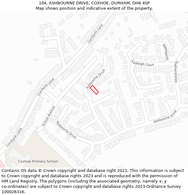 104, ASHBOURNE DRIVE, COXHOE, DURHAM, DH6 4SP: Location map and indicative extent of plot