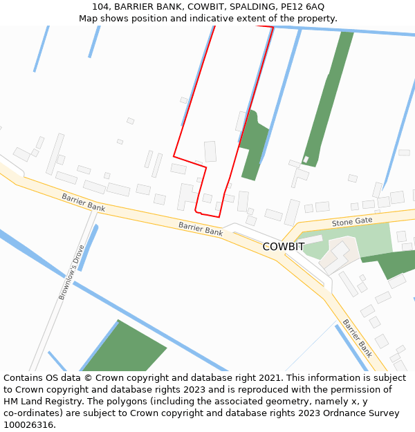 104, BARRIER BANK, COWBIT, SPALDING, PE12 6AQ: Location map and indicative extent of plot