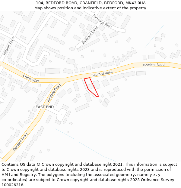 104, BEDFORD ROAD, CRANFIELD, BEDFORD, MK43 0HA: Location map and indicative extent of plot