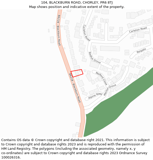 104, BLACKBURN ROAD, CHORLEY, PR6 8TJ: Location map and indicative extent of plot