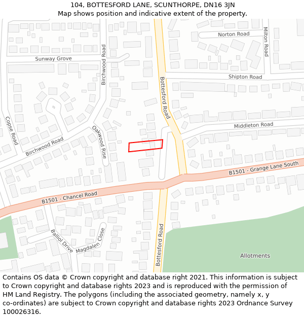 104, BOTTESFORD LANE, SCUNTHORPE, DN16 3JN: Location map and indicative extent of plot