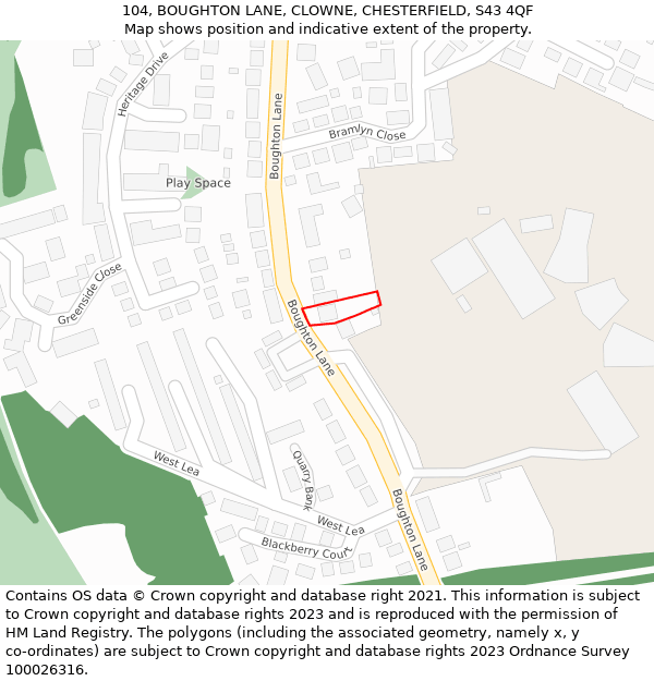 104, BOUGHTON LANE, CLOWNE, CHESTERFIELD, S43 4QF: Location map and indicative extent of plot