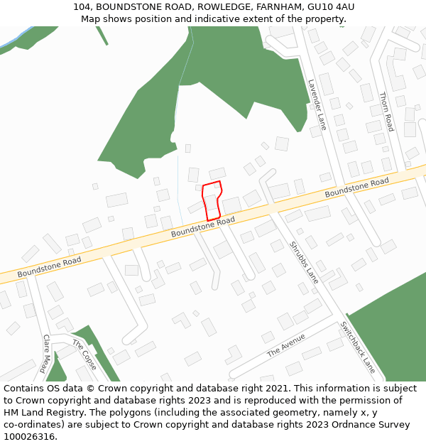 104, BOUNDSTONE ROAD, ROWLEDGE, FARNHAM, GU10 4AU: Location map and indicative extent of plot