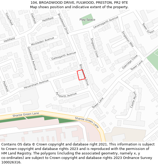 104, BROADWOOD DRIVE, FULWOOD, PRESTON, PR2 9TE: Location map and indicative extent of plot