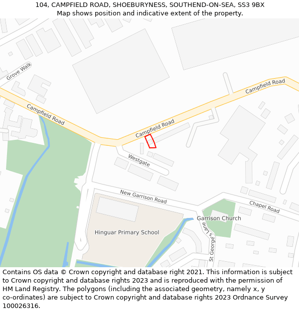 104, CAMPFIELD ROAD, SHOEBURYNESS, SOUTHEND-ON-SEA, SS3 9BX: Location map and indicative extent of plot