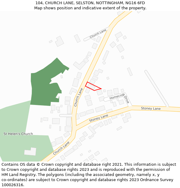 104, CHURCH LANE, SELSTON, NOTTINGHAM, NG16 6FD: Location map and indicative extent of plot