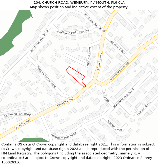 104, CHURCH ROAD, WEMBURY, PLYMOUTH, PL9 0LA: Location map and indicative extent of plot