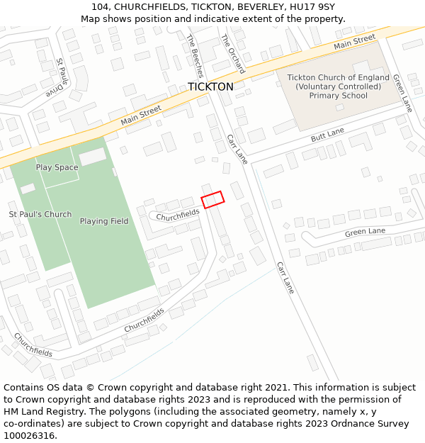 104, CHURCHFIELDS, TICKTON, BEVERLEY, HU17 9SY: Location map and indicative extent of plot