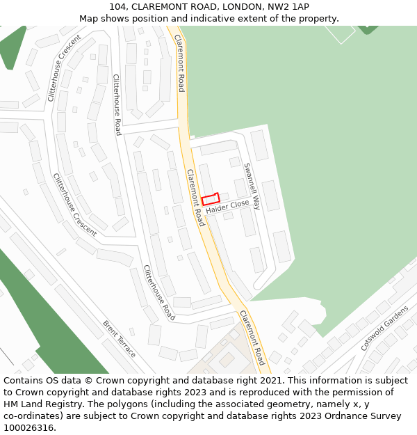104, CLAREMONT ROAD, LONDON, NW2 1AP: Location map and indicative extent of plot