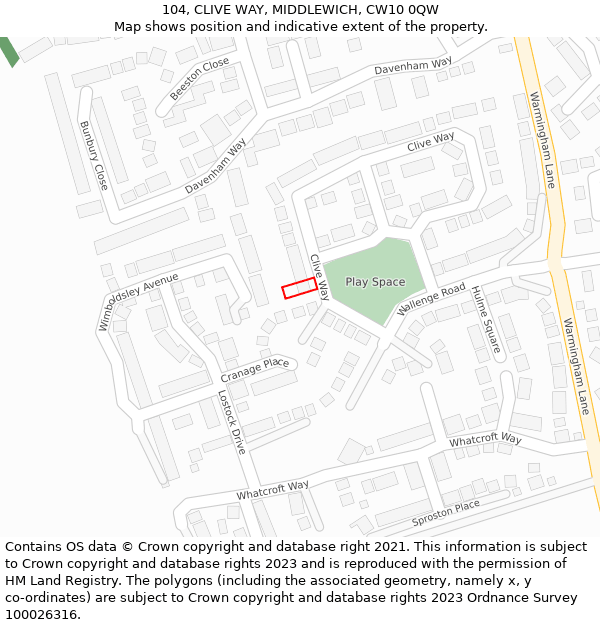 104, CLIVE WAY, MIDDLEWICH, CW10 0QW: Location map and indicative extent of plot