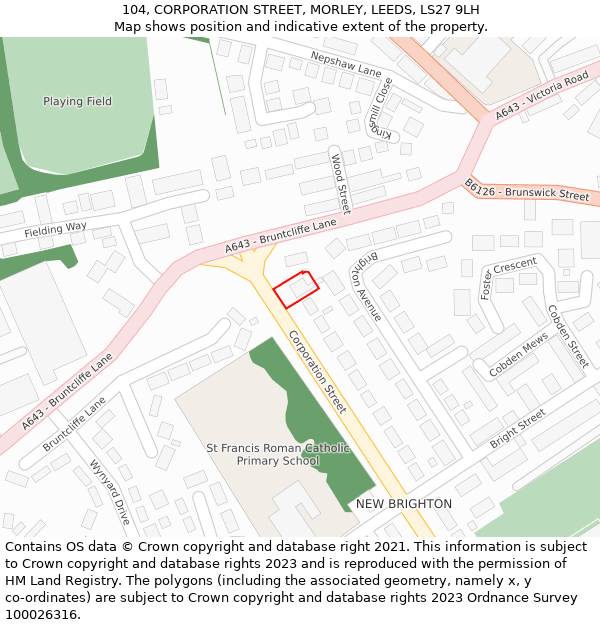 104, CORPORATION STREET, MORLEY, LEEDS, LS27 9LH: Location map and indicative extent of plot