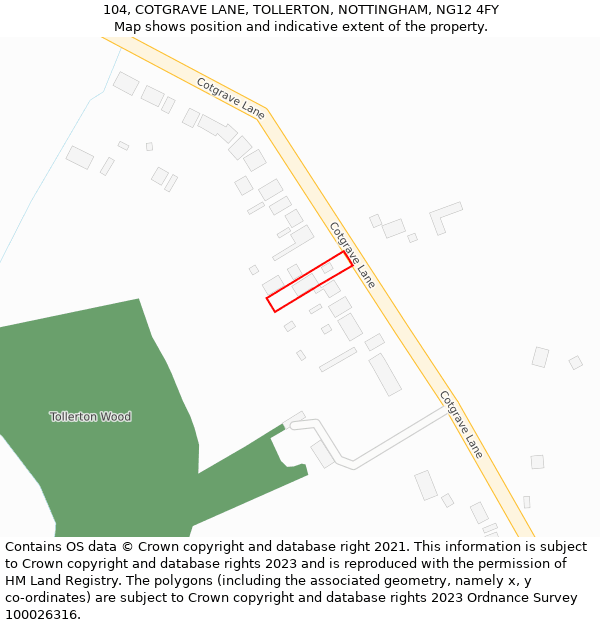 104, COTGRAVE LANE, TOLLERTON, NOTTINGHAM, NG12 4FY: Location map and indicative extent of plot