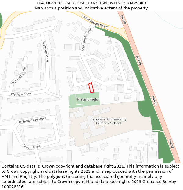 104, DOVEHOUSE CLOSE, EYNSHAM, WITNEY, OX29 4EY: Location map and indicative extent of plot