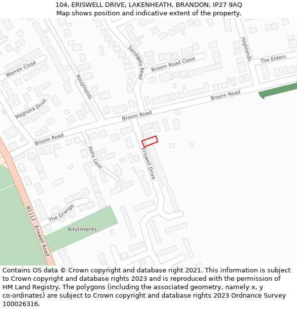 104, ERISWELL DRIVE, LAKENHEATH, BRANDON, IP27 9AQ: Location map and indicative extent of plot