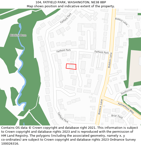 104, FATFIELD PARK, WASHINGTON, NE38 8BP: Location map and indicative extent of plot