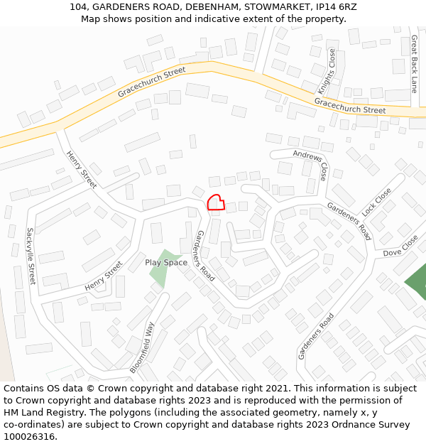 104, GARDENERS ROAD, DEBENHAM, STOWMARKET, IP14 6RZ: Location map and indicative extent of plot