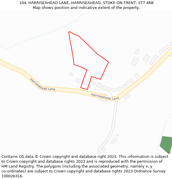 104, HARRISEAHEAD LANE, HARRISEAHEAD, STOKE-ON-TRENT, ST7 4RB: Location map and indicative extent of plot