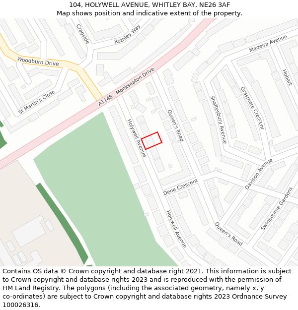 104, HOLYWELL AVENUE, WHITLEY BAY, NE26 3AF: Location map and indicative extent of plot