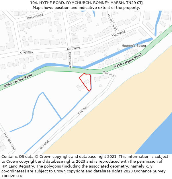 104, HYTHE ROAD, DYMCHURCH, ROMNEY MARSH, TN29 0TJ: Location map and indicative extent of plot