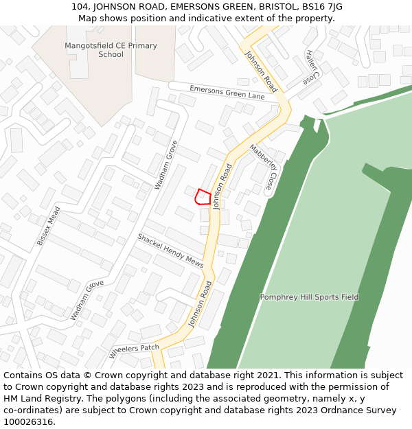 104, JOHNSON ROAD, EMERSONS GREEN, BRISTOL, BS16 7JG: Location map and indicative extent of plot