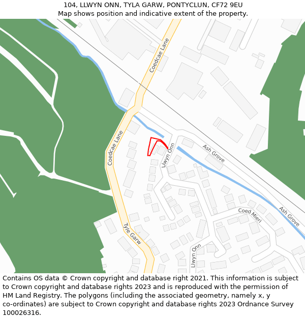 104, LLWYN ONN, TYLA GARW, PONTYCLUN, CF72 9EU: Location map and indicative extent of plot