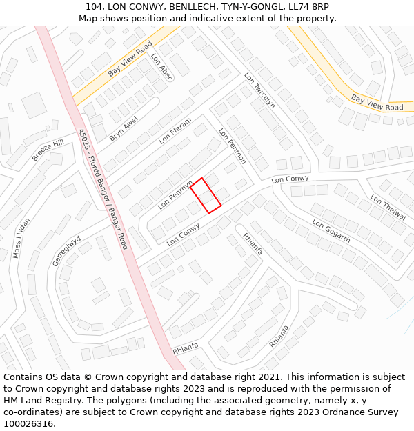 104, LON CONWY, BENLLECH, TYN-Y-GONGL, LL74 8RP: Location map and indicative extent of plot