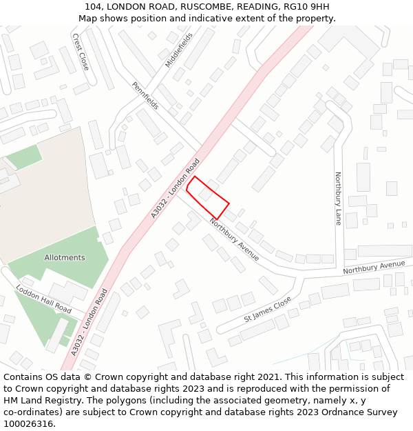 104, LONDON ROAD, RUSCOMBE, READING, RG10 9HH: Location map and indicative extent of plot