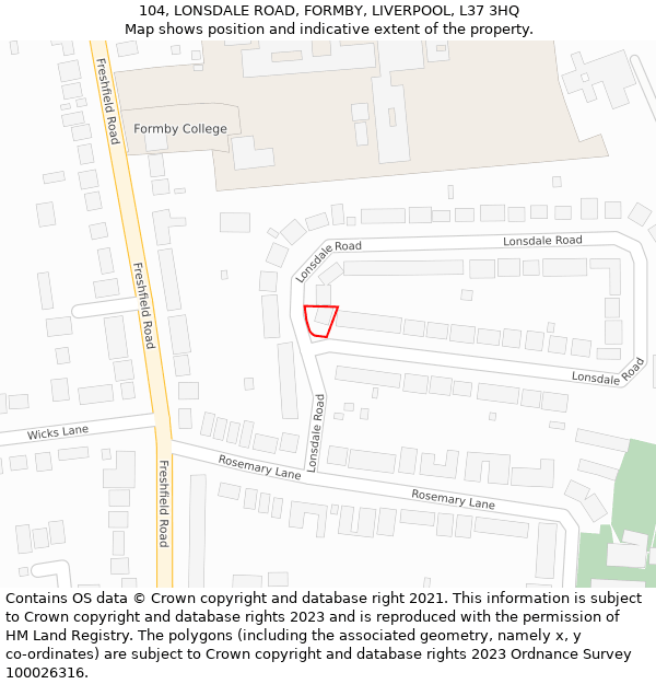 104, LONSDALE ROAD, FORMBY, LIVERPOOL, L37 3HQ: Location map and indicative extent of plot