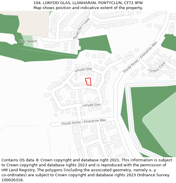 104, LONYDD GLAS, LLANHARAN, PONTYCLUN, CF72 9FW: Location map and indicative extent of plot