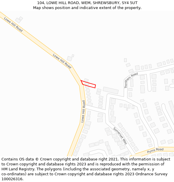 104, LOWE HILL ROAD, WEM, SHREWSBURY, SY4 5UT: Location map and indicative extent of plot