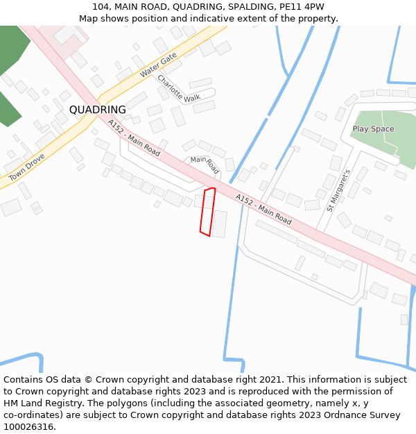 104, MAIN ROAD, QUADRING, SPALDING, PE11 4PW: Location map and indicative extent of plot