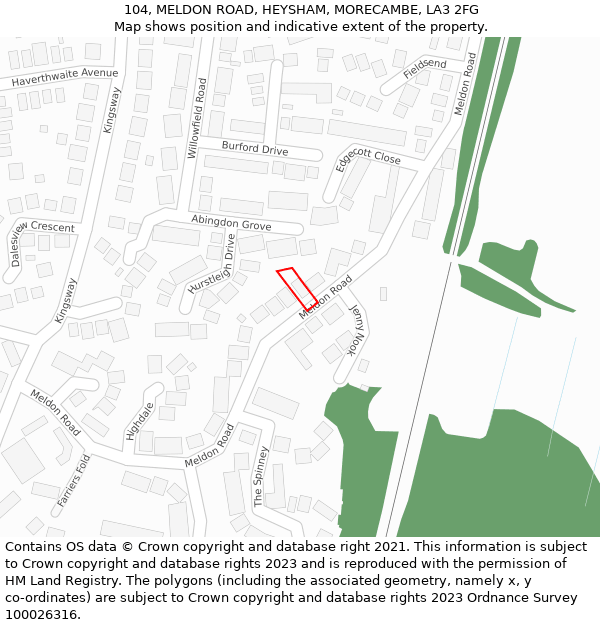 104, MELDON ROAD, HEYSHAM, MORECAMBE, LA3 2FG: Location map and indicative extent of plot