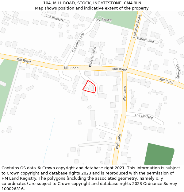 104, MILL ROAD, STOCK, INGATESTONE, CM4 9LN: Location map and indicative extent of plot