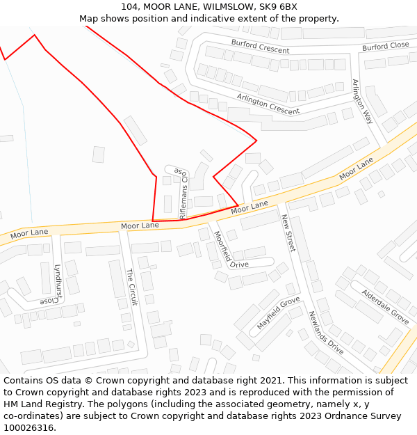 104, MOOR LANE, WILMSLOW, SK9 6BX: Location map and indicative extent of plot