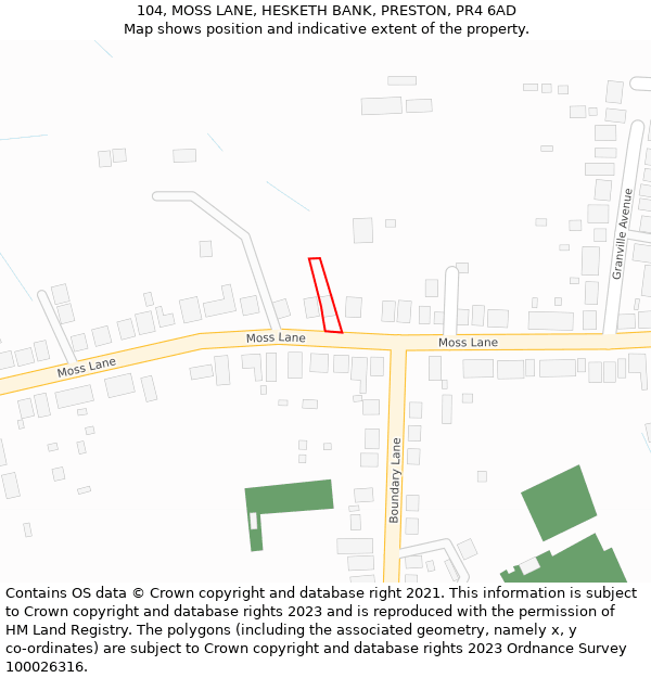 104, MOSS LANE, HESKETH BANK, PRESTON, PR4 6AD: Location map and indicative extent of plot