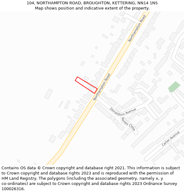 104, NORTHAMPTON ROAD, BROUGHTON, KETTERING, NN14 1NS: Location map and indicative extent of plot