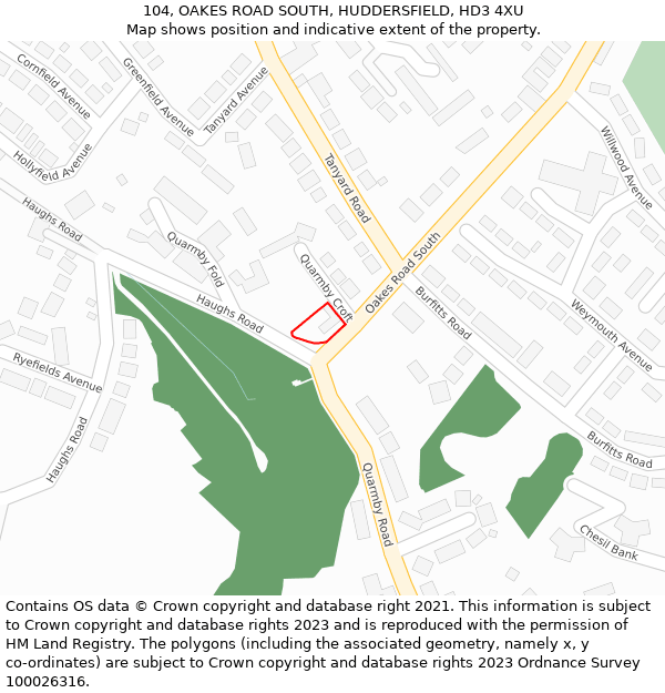 104, OAKES ROAD SOUTH, HUDDERSFIELD, HD3 4XU: Location map and indicative extent of plot