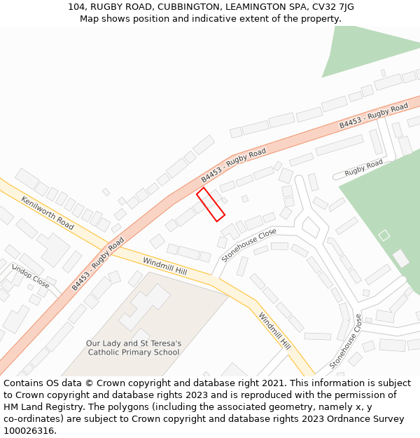 104, RUGBY ROAD, CUBBINGTON, LEAMINGTON SPA, CV32 7JG: Location map and indicative extent of plot