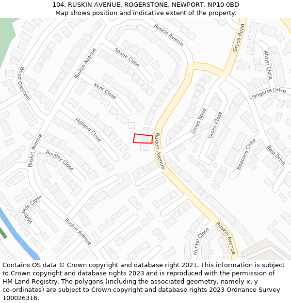 104, RUSKIN AVENUE, ROGERSTONE, NEWPORT, NP10 0BD: Location map and indicative extent of plot