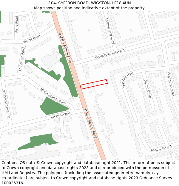 104, SAFFRON ROAD, WIGSTON, LE18 4UN: Location map and indicative extent of plot