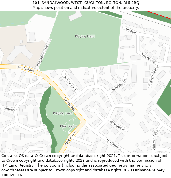 104, SANDALWOOD, WESTHOUGHTON, BOLTON, BL5 2RQ: Location map and indicative extent of plot