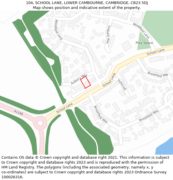 104, SCHOOL LANE, LOWER CAMBOURNE, CAMBRIDGE, CB23 5DJ: Location map and indicative extent of plot