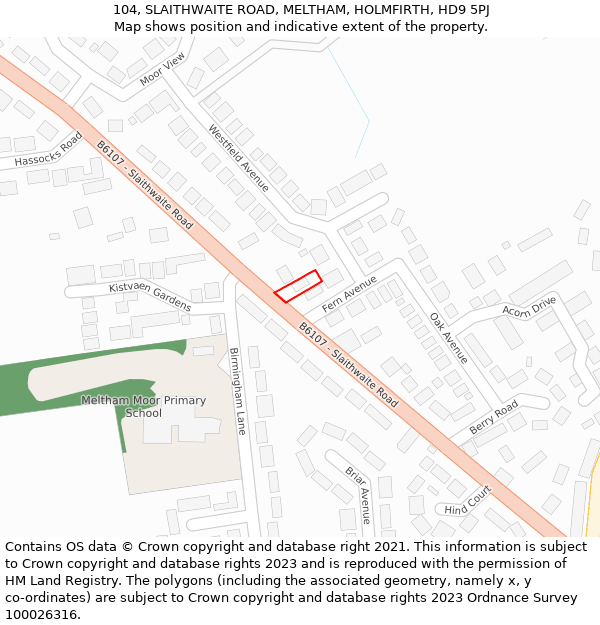 104, SLAITHWAITE ROAD, MELTHAM, HOLMFIRTH, HD9 5PJ: Location map and indicative extent of plot