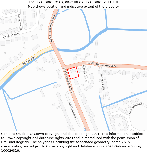 104, SPALDING ROAD, PINCHBECK, SPALDING, PE11 3UE: Location map and indicative extent of plot