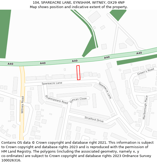 104, SPAREACRE LANE, EYNSHAM, WITNEY, OX29 4NP: Location map and indicative extent of plot