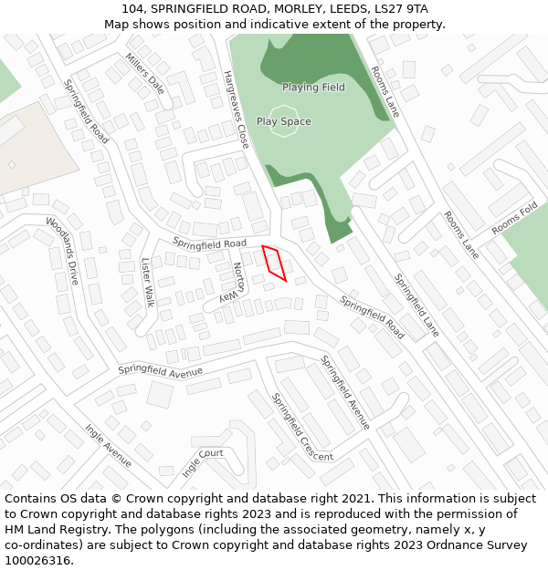 104, SPRINGFIELD ROAD, MORLEY, LEEDS, LS27 9TA: Location map and indicative extent of plot